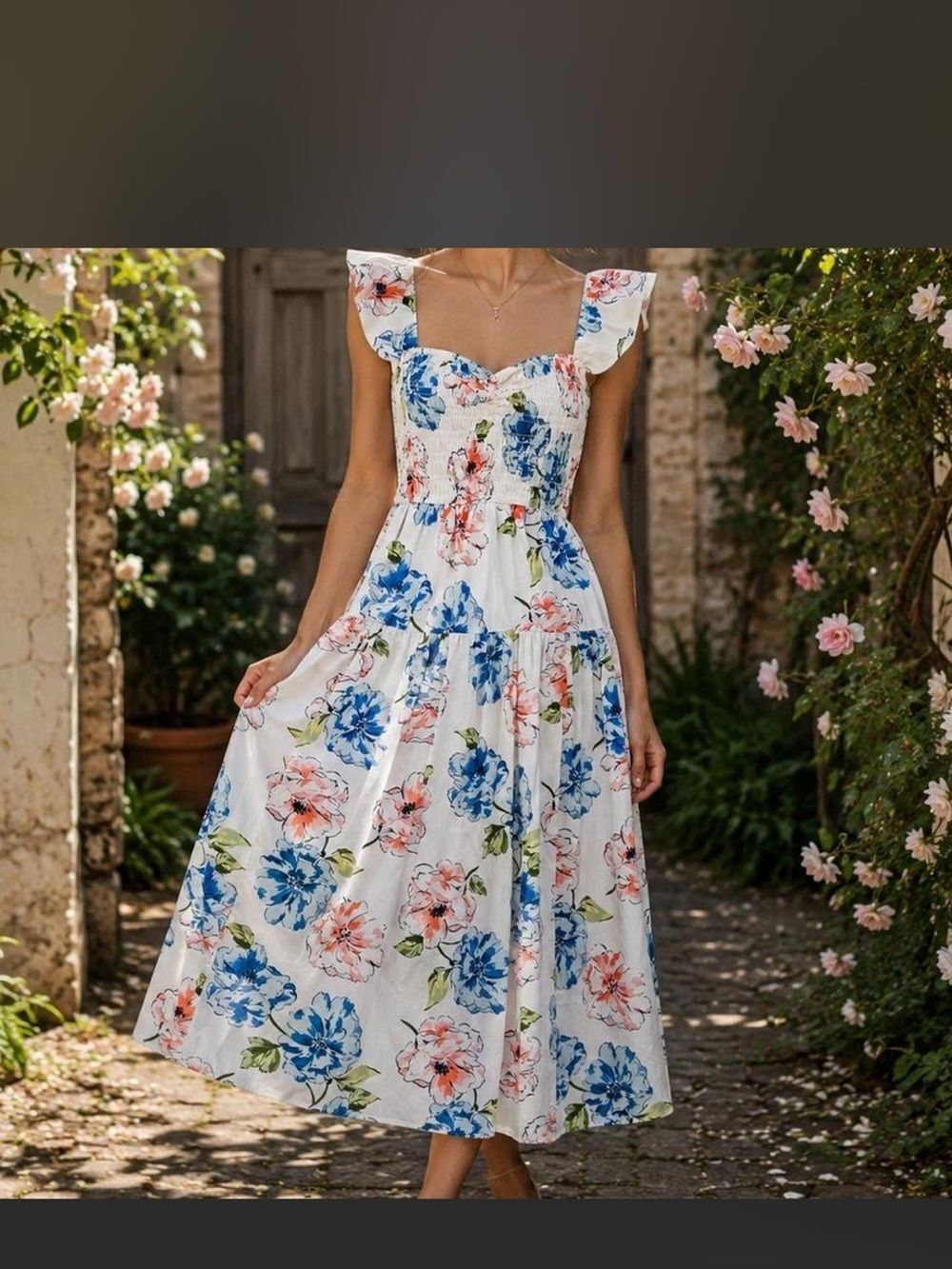 Abercrombie & Fitch White Floral Smocked Midi Dress with sweetheart neckline